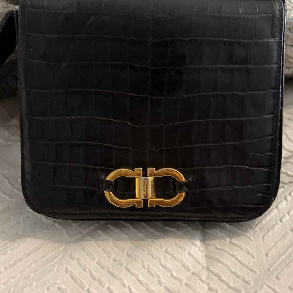 Salvatore Ferragamo Black Croc-Embossed Crossbody with Gold Clasp